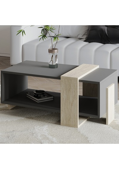 Meleni Orta Sehpa 90 Cm Modern Tasarım Raflı Traverten/antrasit