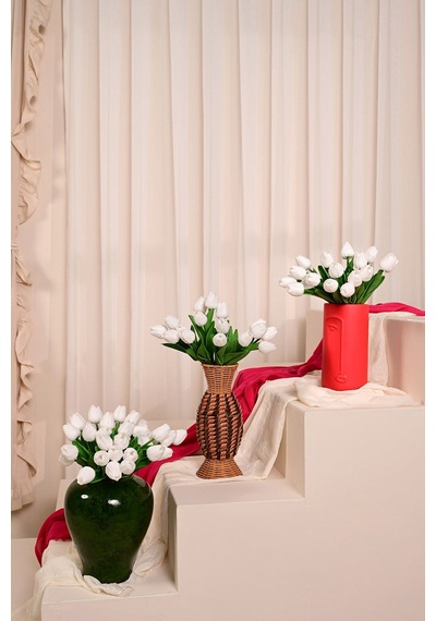 Beyaz Yapay Lüx Lale Çiçeği Buketi 8 Dallı Premium Canlı Islak Dokulu 35 Cm