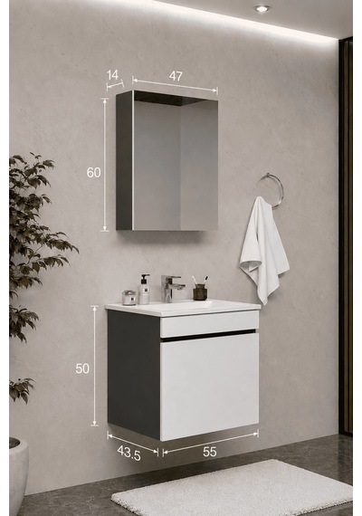 Teta Home Tokyo 55 Cm Mdf Banyo Dolabı Seti Antrasit - Beyaz