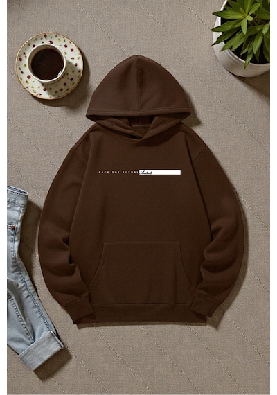Uyguntarz Unisex Future Baskılı Oversize Sweatshirt Kahverengi