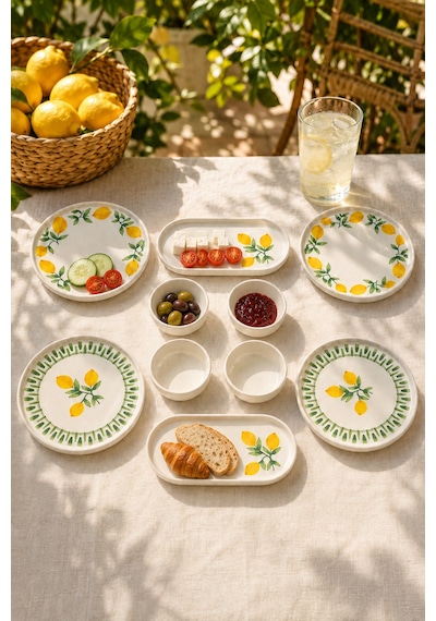 Yeşil Limon 10 Parça 4 Kişilik Handmade Stackable Seramik Tabak Seti Premium Sunum & Kahvaltı Takımı Beyaz