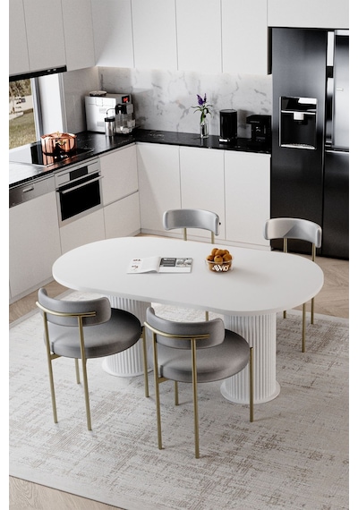 Avvio Eliza Beyaz Ptt Ayak 80x140 Yemek Masası Mutfak Masası Masa Sandalye Takımı Kadife Kumaş Beyaz