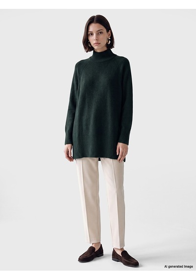 Lcw Modest Yeşil Yarım Balıkçı Yaka Oversize Kadın Triko Tunik Xl-2xl