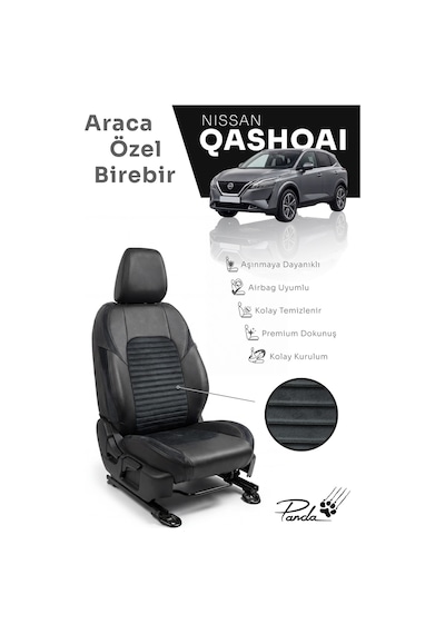 Siyah - Siyah Panda Nissan Qashqai 2021 - 2026 Arası Uyumlu Araca Özel Taytüyü Oto Koltuk Kılıfı