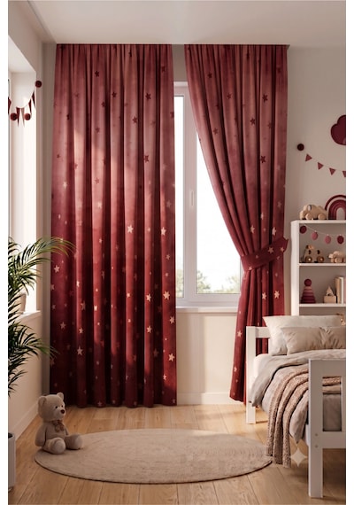 Bebek Çocuk Odası Fon Perdesi Desenli Dekoratif Dijital Baskılı Premium Çocuk Odası Perdesi Bordo