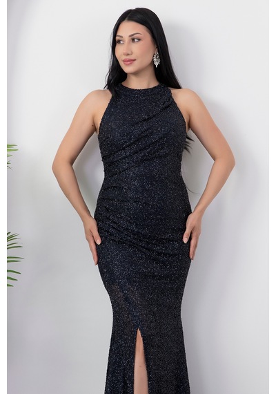Kalopya Halter Yaka Yırtmaçlı Boncuklu Elbise 41099 Lacivert