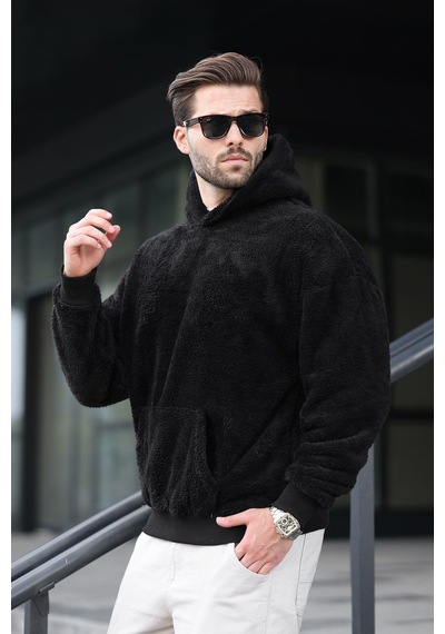 Madmext Siyah Peluş Kapüşonlu Erkek Sweatshirt 6050 Siyah