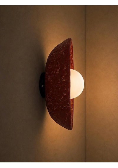 El Yapımı Seramik Kil Aplik Aydınlatma - Wabi Sabi Kırmızı Terakota Duvar Apliği - Led Aydınlatma - 30 X 22 Cm Oval