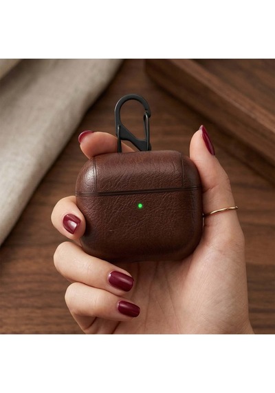 Caseonn Apple Airpods Uyumlu 5 Kılıf Kancalı Lüks Deri Görünümlü Koyu Kahverengi