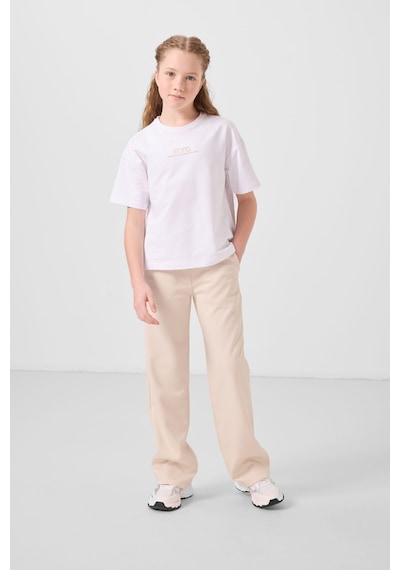 Tommylife Beyaz-bej O Yaka Baskılı Geniş Paça Standart Fit Kız Çocuk Palazzo Eşofman Takım - 75171 Beyaz/bej Beyaz - Bej