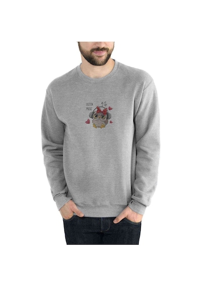 Baykuş Müzik Dinleme İllüstrasyon Baskılı Erkek Sweatshirt - 528385265 - Gri