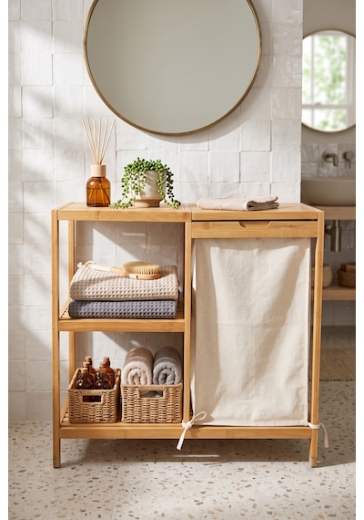 Bambu 3 Raflı Kirli Çamaşır Sepeti Kapaklı & Kumaş Torbalı Doğal Ahşap Banyo Düzenleyici Bej