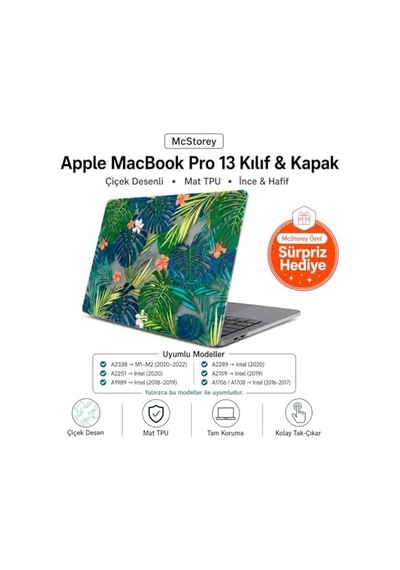 Macbook Pro 13 Çiçek Desenli Kılıf A1706 A1708 A1989 A2159 A2251 A2289 A2338 M1 M2 Uyumlu Tpu Sert Kılıf İnce Hafif Koruyucu Kapak Açık Yeşil