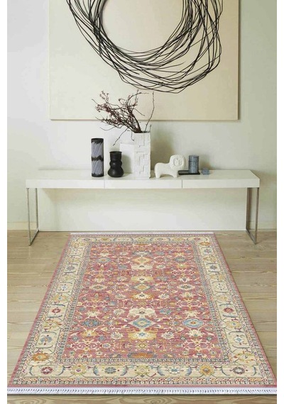Pembe Çerçeveli Dokuma Pamuk Taban Kaymaz Kilim Klm216n11