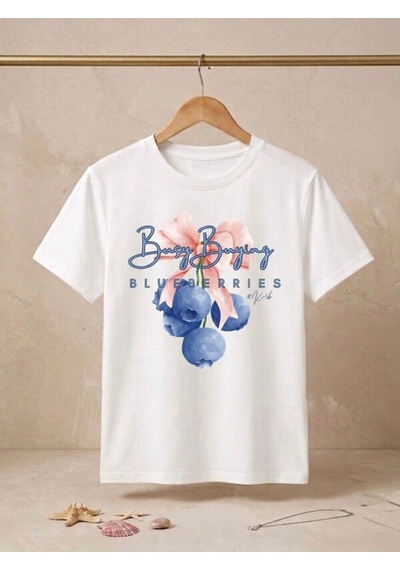 Blue Berrıes Baskılı Oversize Kompak T-shirt Beyaz