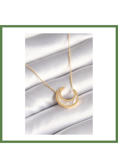 Bezos 316l Çelik Gold Renk Beyaz Sedefli Hilal Model Kadın Kolye Hb006