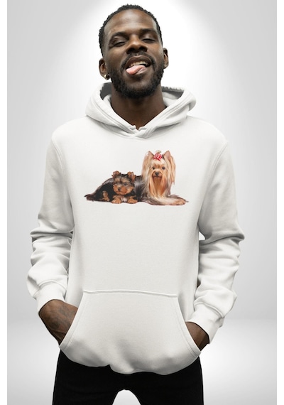 Yorkshire Teacup Ve Anne Köpek Kadın Erkek Beyaz Kapüşonlu Sweatshirt Hoodie Beyaz