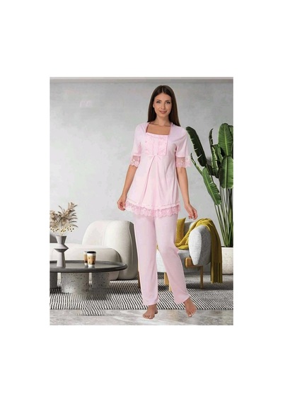 Effortt Dvina Lohusa Hamile Dantel Detaylı Ve Kısa Kollu Pijama Takımı - Pembe Pembe