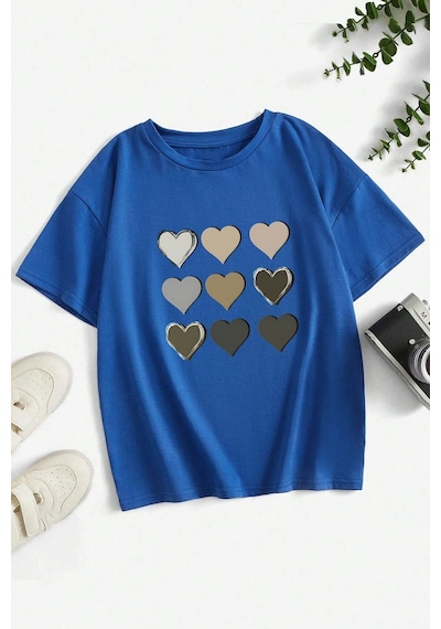 Uyguntarz Unisex Kalp Baskılı T-shirt Mavi