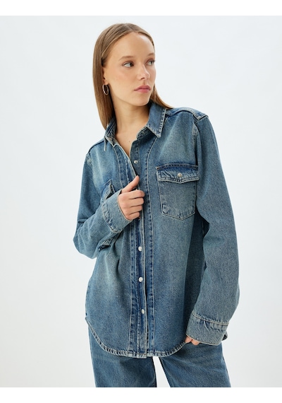 Koton Kot Gömlek Oversize Klasik Yaka Düğmeli Cep Detaylı Koyu İndigo 5wal60004md İndigo