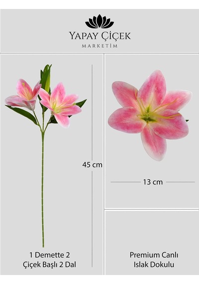 Pembe Yapay Zambak Çiçeği 2 Dallı Premium Canlı Islak Dokulu 45 Cm