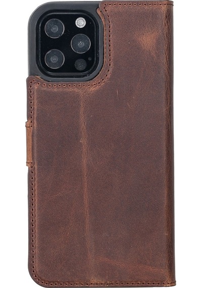 Apple Uyumlu  iPhone 12 Pro Max Deri Cüzdanlı Kılıf Antik Kahve
