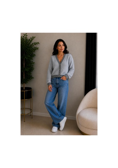 Hira Life Fashion Kadın V Yaka Düğmeli Şeritli Kısa Crop Ceket-hırka Gri Gri
