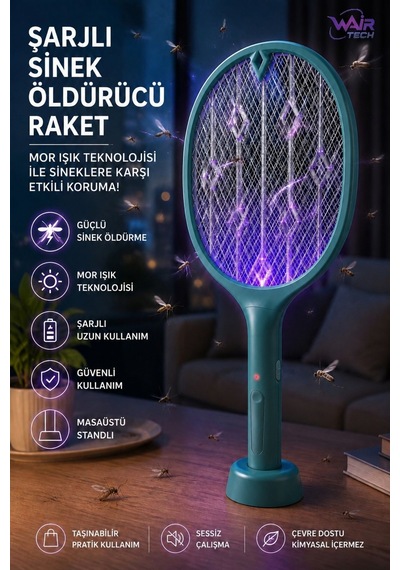 Yeşil Şarjlı Elektrikli Sinek Öldürücü Raket Mor Işıklı Masaüstü Standlı Usb Şarjlı 2 Modlu Sinek Kovucu