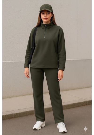 Defymoda Kadın Balıkçı Yaka Fermuar Detay Polar Sweat Ve Pantolon Ikili Takım Haki