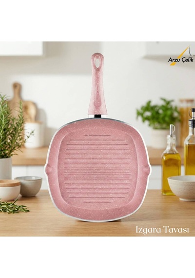 Arzu Çelik 28 Cm Granit Izgara Tavası - Pembe Pembe