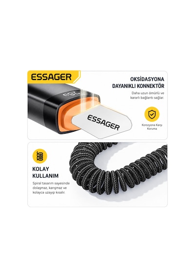 Essager 29w Pd 3a Spiral Araç Şarj Kablosu Type-c To Lightning Hızlı Şarj Kablosu 480mbps Data 1.8 Metre Desen - Ben10