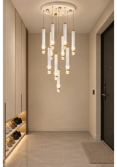 Modern Premium 10'lu Led Gold Beyaz Sarkıt Avize 112w 4000k Dekoratif Salon Avizesi