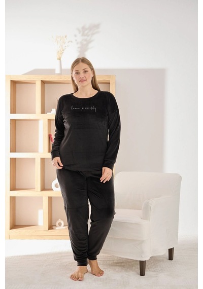 Pijamoni Kadın Yumuşak Kadife Bisiklet Yaka Koyu Siyah Pijama Takımı Koyu Siyah