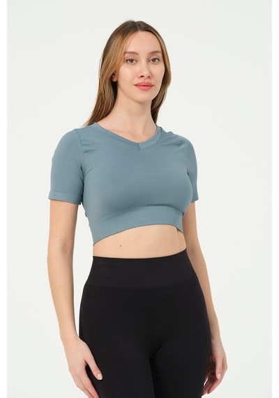 Forever More Kadın V Yaka Kısa Kollu Dikişsiz Esnek T-shirt Crop Top Turkuaz-xs Altın - Beyaz