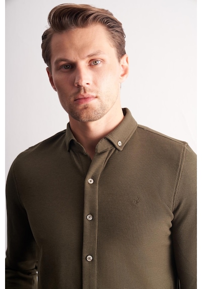 İmza Haki Uzun Kol Düğmeli Yaka Kendinden Desenli Pamuklu Slim Fit Gömlek 1004255267 Haki