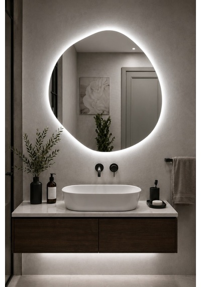 Arya Asimetrik Ledli Ayna Modern Banyo Aynası Şık Tasarım Konsol Aynası Dekoratif Duvar Aynası Beyaz Günışığı Led 60 X 60