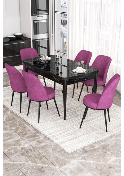 Canisa Concept Kor Serisi, 70x114 Açılabilir Yemek Masası Takımı, Siyah Mermer Desen Masa Ve 6 Mor Sandalye Masa Siyah Mermer Sandalyeler Mor Canisa Concept Kor Serisi, 70x114 Açılabilir Yemek Masası Takımı, Siyah Mermer Desen Masa Ve 6 Mor Sandalye Masa Siyah Mermer Sandalyeler Mor