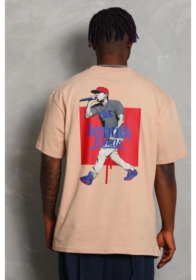 Oversize Baskılı Bisiklet Yaka T-shirt - Bej -