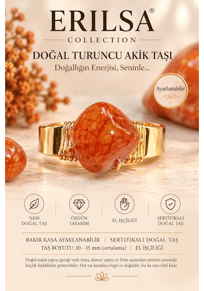 Sertifikalı Turuncu Akik Taşı Doğal Taş Yüzük Bakır Kasa Gold Kap Çok renkli