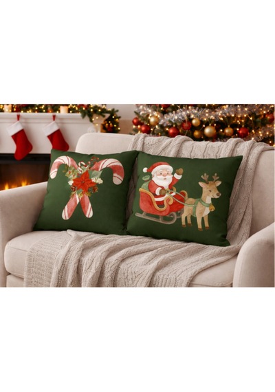 Çift Taraflı Dijital Baskı Fermuarlı Noel Baba Geyiği 2'li Yastık Kılıfı, Kırlent Kılıfı 43x43 Cm Çok Renkli