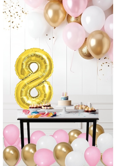 8 Yaş Retro Krom Gold Pembe Beyaz Balon Seti Gold Rakamlı Doğum Günü Balonu Şık Parti Süsleme Çok Renkli