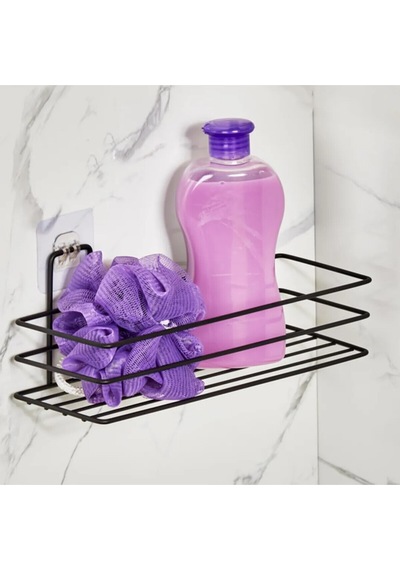 Tekli Güçlü Magic Yapışkan Askılı Dikdörtgen Banyo Rafı Mat Siyah Siyah