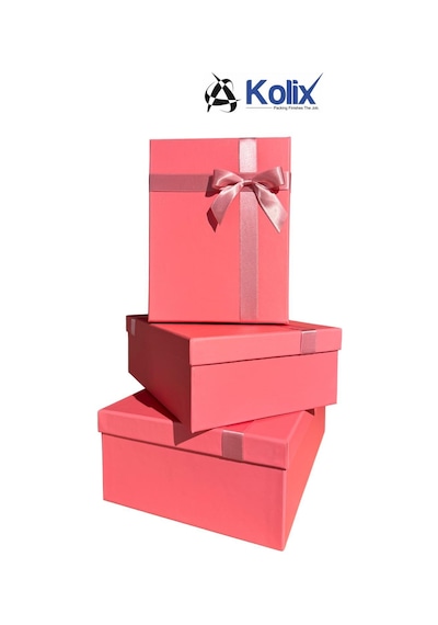 Kolix 3 Lü Pembe Fiyonklu Hediyelik Dekoratif Baby Shower Bohça Yeni Yıl Yılbaşı Kutusu 35-25-13 Cm