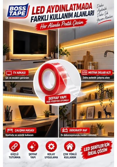 Led Yapıştırma Bandı 6 Metre 10 Mm Şeffaf Çift Taraflı Güçlü Led Şerit Sabitleme Bandı