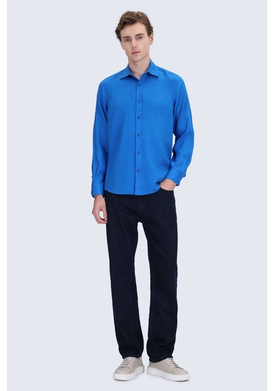 Hatemoğlu Mavi Comfort Fit Düğmeli Yaka %100 Keten Uzun Kollu Casual Gömlek