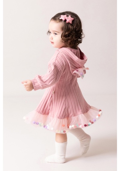 Babymod Kapüşonlu Fiyonklu 100% Pamuk Kız Bebek Elbise Pembe