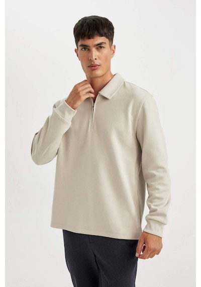 DeFacto Regular Fit Polo Yaka Yarım Fermuarlı Basic Düz Sweatshirt D2279AX24AUGR425 Gri