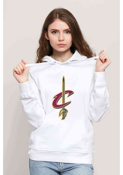 Basketbol Logo Amblem Baskılı Beyaz Kadın Kapşonlu Sweatshirt