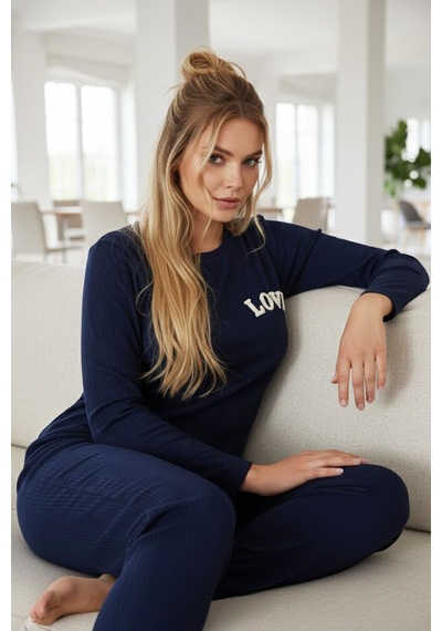 Siyah İnci Love Nakışlı Fitilli Örme Pijama Takım25226001 Lacivert