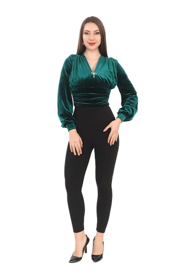 Lodmela Broş Detaylı Kadife Crop 6007-zümrüt Yeşili Zümrüt Yeşili